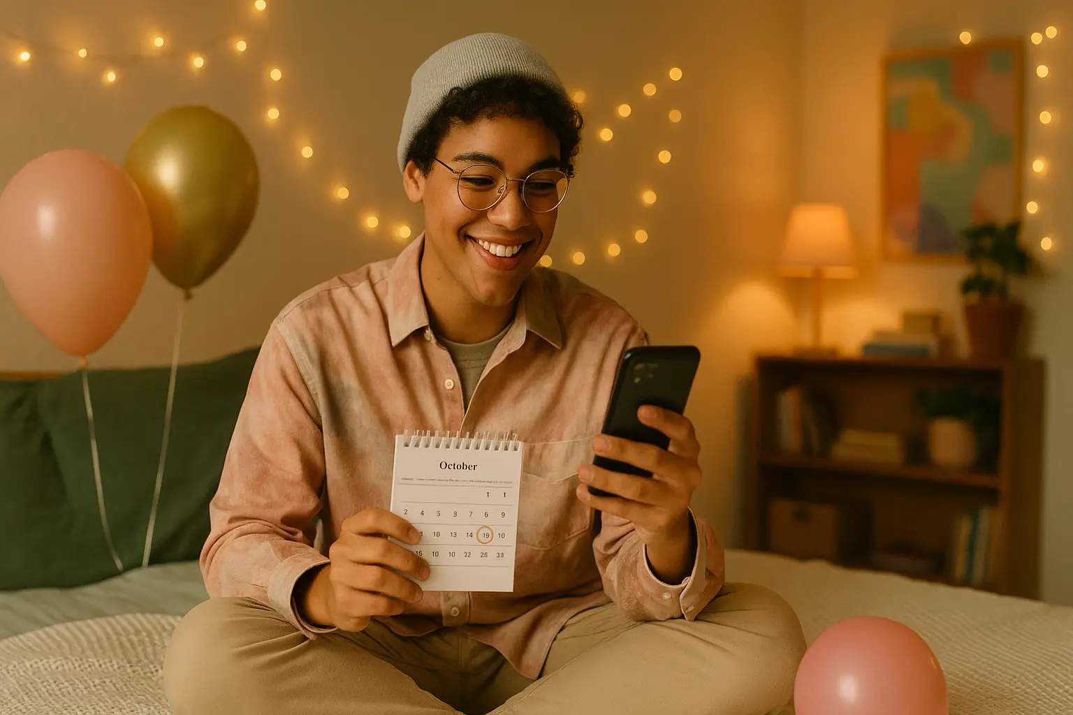 Person surrounded by balloons and a marked calendar, smiling while preparing birthday countdown posts on their phone.