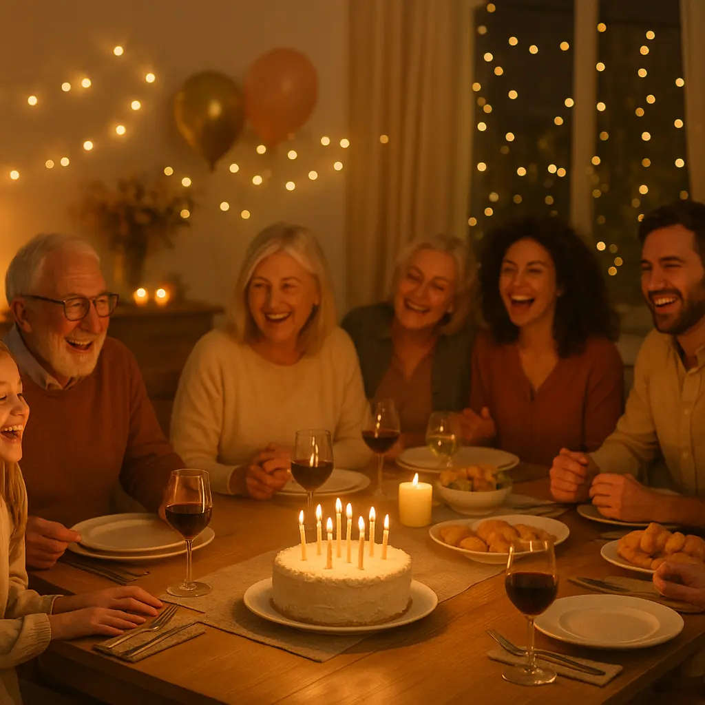 Multi-generation family gathered around a birthday cake at a dinner table with candles and balloons.