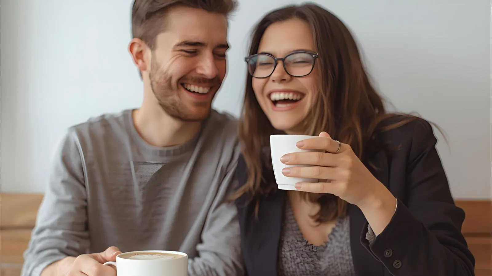Couple laughing with a phone showing an Instagram caption draft.