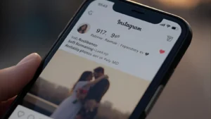 Phone screen displaying a romantic Instagram post with hearts and likes in warm lighting.