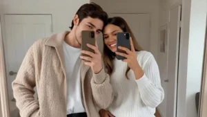 Couple taking coordinating mirror selfies in matching outfits for Instagram.