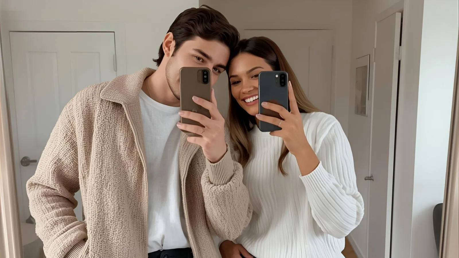Couple taking coordinating mirror selfies in matching outfits for Instagram.