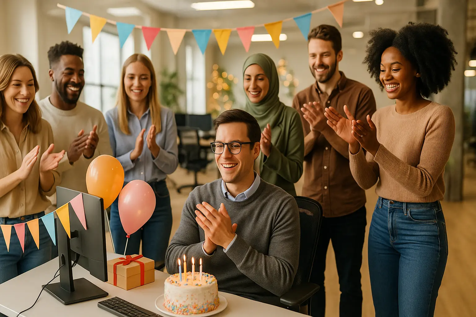 Coworkers gathered around a decorated desk in an office, celebrating a colleague’s birthday with cake and balloons.