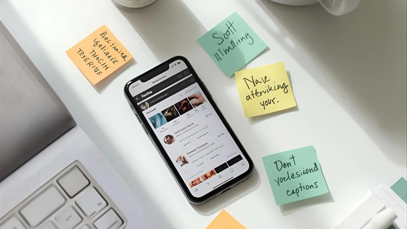 Phone with a Reels timeline beside sticky-note caption ideas.