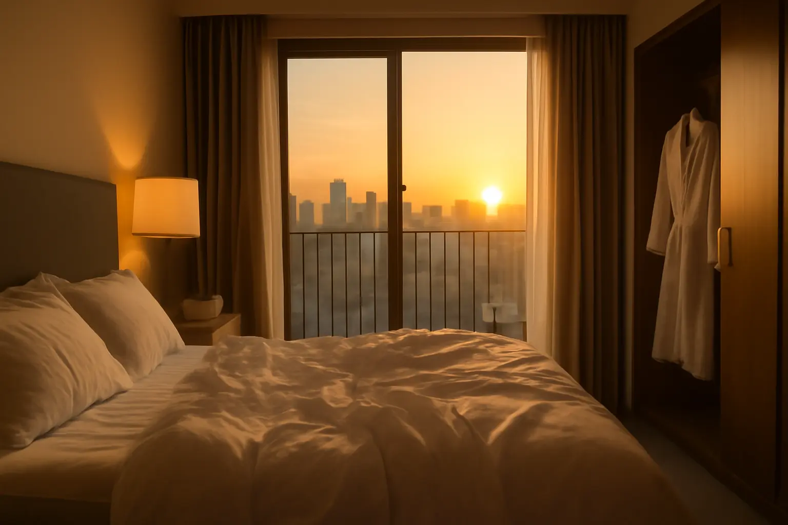 Cozy hotel room with unmade bed, robe, and city view from the balcony during a staycation.